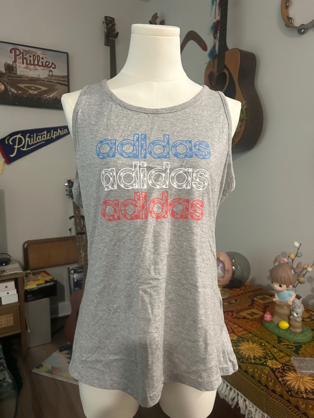 adidas Heather Gray Tank Top with Blue, White & Red Stacked Logo